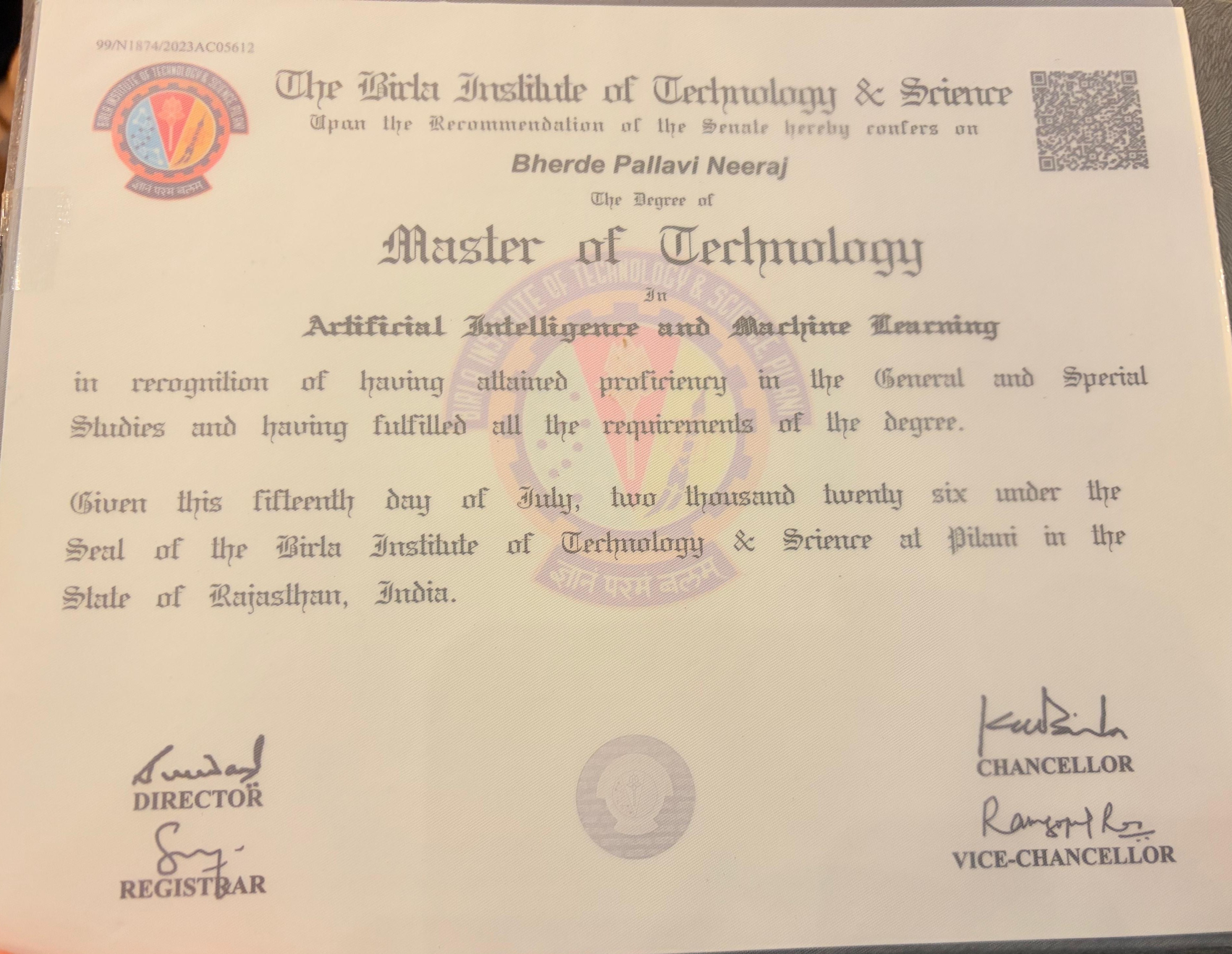 M.Tech degree certificate from BITS Pilani — Bherde Pallavi Neeraj, AI and ML