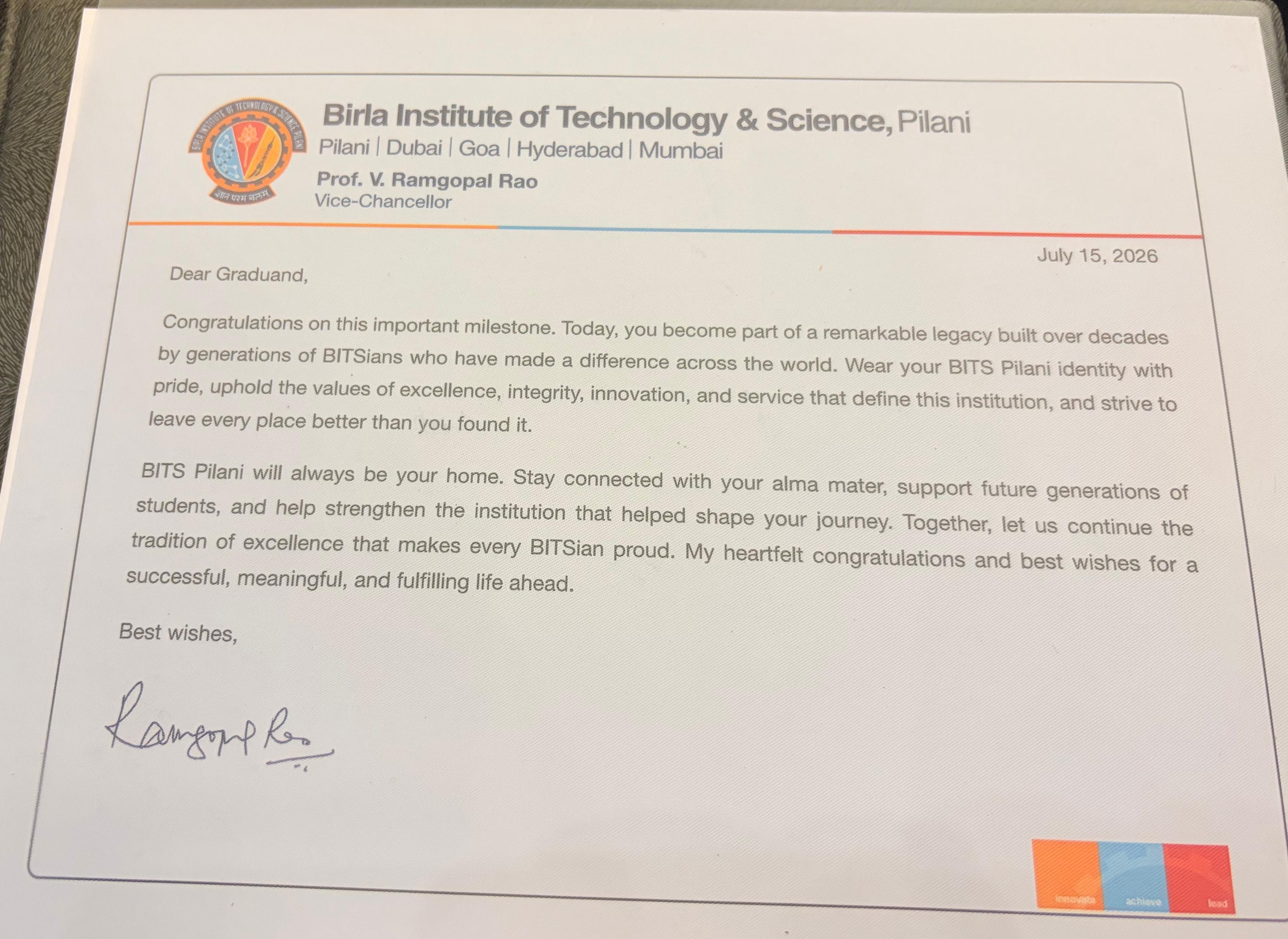 Vice-Chancellor Prof. V. Ramgopal Rao congratulatory letter, dated Aug 23, 2026